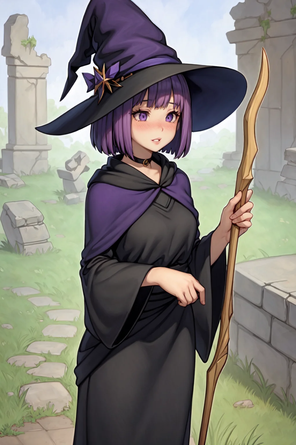 (chelodoy:1.0), best quality, masterpiece, detailed background, highly detailed, intricate, detailed face, long eyelashes, detailed eyes, (standing:1.1), (small breasts:1.0), (grassy field, stone towers, stone pillars, ancient structures, ruins:1.3),

(one girl:1.2), (1girl:1.1), (solo:1.4), (purple eyes:1.2), (purple hair:1.3), (bob cut, medium hair:1.2), (thick lips:1.3), (black choker:1.2), (pale skin:1.0),

(mage robes, witch hat, mage:1.1), (holding staff:1.2),

(shy, blush, nose blush:1.1), <lora:ChelodoyStyle-V1R1-Fixed-8:1>