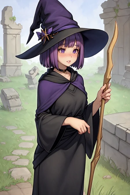 (chelodoy:1.0), best quality, masterpiece, detailed background, highly detailed, intricate, detailed face, long eyelashes, detailed eyes, (standing:1.1), (small breasts:1.0), (grassy field, stone towers, stone pillars, ancient structures, ruins:1.3),
(one girl:1.2), (1girl:1.1), (solo:1.4), (purple eyes:1.2), (purple hair:1.3), (bob cut, medium hair:1.2), (thick lips:1.3), (black choker:1.2), (pale skin:1.0),
(mage robes, witch hat, mage:1.1), (holding staff:1.2),
(shy, blush, nose blush:1.1), <lora:ChelodoyStyle-V1R1-Fixed-8:1>