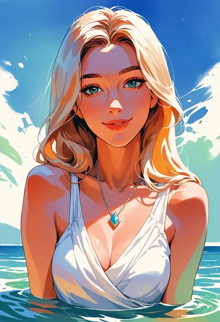 score_9, score_8_up, score_7_up, score_6_up, source_cartoon, 1girl, female, solo, femenine, petite, lean, pale skin,, soaking wet hair, smile, diaphonous white dress, bronze necklace, medium breasts, female focus, official style, close up, perfect anatomy, perfect face, standing,  abstract beauty, beautiful, centered, looking at the camera, approaching perfection, dynamic, moonlight, highly detailed, watercolor painting, artstation, concept art, smooth, sharp focus, illustration, portrait