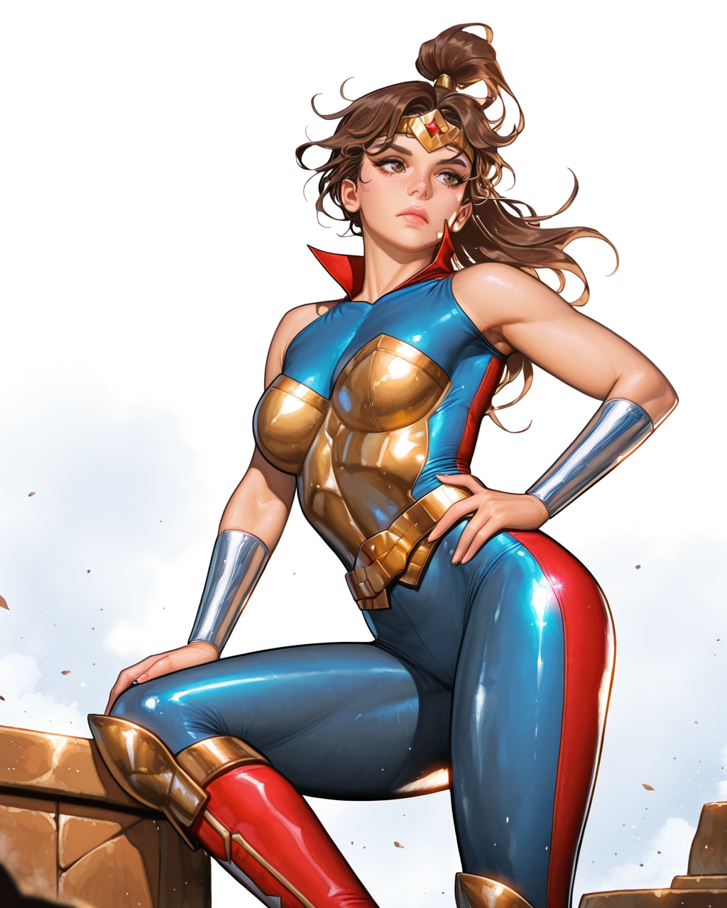 masterpiece, best quality, absurdres, perfect quality, absolutely eye-catching,   <lora:EomIllus:1> eom,   <lora:TrinityIllus:0.8> elizabethprince, brown hair, ponytail, brown eyes, long hair, circlet, bracer, belt, knee boots, bodysuit