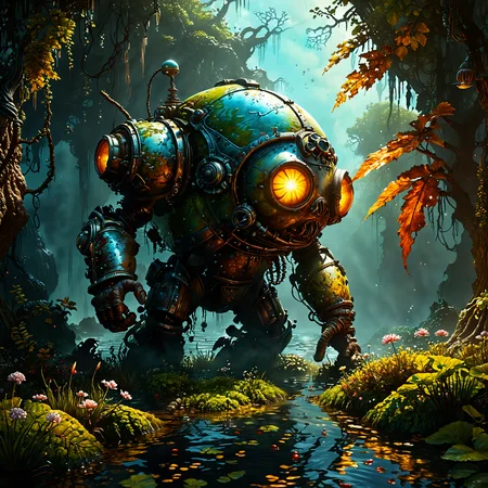 famous artwork inspired by (bioshock:1.3) and (rob liefeld:1.2), oil on canvas, scifi style, the "celestial moorblubberer", an imposing bog dweller, covered in huggeling leaves and most often accompanied by the tiny bioluminescent "odd rinkstomper", it blunderworbles among gnarled trees and the enchanted dooverflowers in the heart of the lush pearlimortaled lands of planet "shnupflhome secundus", creature focus, perfect composition, realistic, ultra detailed, 8k, uhd, <lora:extremely_detailed-detail_slider-v2-xl-by_ntc:0.1:hr=0.1> <lora:more_artful-xl:0.36> <lora:midjourney_mimic-xl-by_andrexsel:0.6> <lora:lyco-style-envydramaticlightingxl01_digital_art-xl:0.48> <lora:envybetterhiresfixxl01-xl:0.0:hr=1.0>
