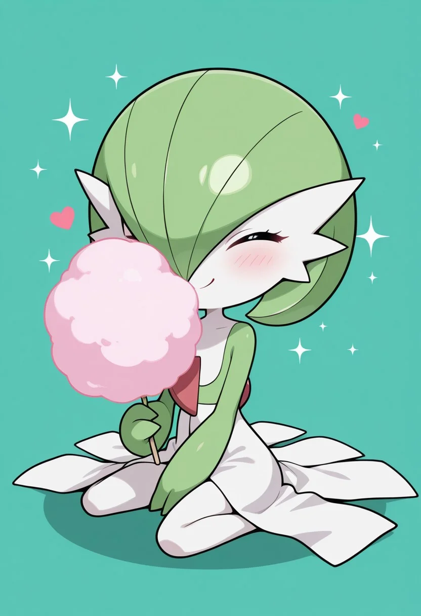masterpiece, best quality, absurdres, amazing quality, detailed face, detailed skin, detailed eyes, high resolution, official style,  
1girl, ((chibi:1.1)), ((anime chibi style:1.1)), gardevoir \(pokemon\), 
solo, sitting on floor, full body, excited, cute, happy girl, cotton candy, holding cotton candy, eyes closed, smile, mouth wide open, 
simple light green background, sparkles, heart, 
((no text:1.1)), ((no signature:1.1)),