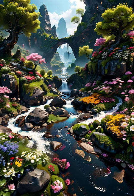 Landscape of a dark distant planet, rocks and organic soil, intricate trees, a fast flowing stream with flowers on the banks, UHD, masterpiece, trending on artstation, sharp focus, studio photo, intricate details, highly detailed, by greg rutkowski<lora:xl_more_art-full_v1:0.5>