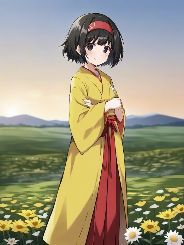 <lora:RBerikatsukishiro:0.7>
1girl, solo, eeririkaka, black hair, short hair, black eyes, red hairband, yellow kimono, red hakama, standing, outdoors, flower field, smile