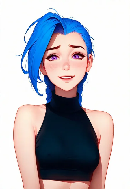 1girl, solo,
Jinx (league of legends), detailed purple eyes, thin lips, ((small breast)), ((thin)) ,parted lips, laughing,
looking at viewer,
sleeveless crop top,
artist : tsuaii,
(((white background))), masterpiece, best quality, very aesthetic