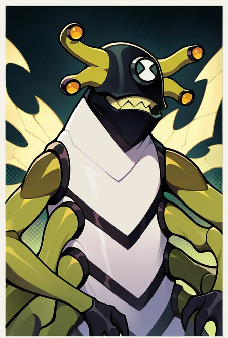 <lora:stinkfly-07:1> stinkfly, solo, no humans, monster, bug, yellow insect wings, pokemon (creature),black gloves, green arms , sharp teeth, arthropod legs, antennae,, masterpiece, best quality, amazing quality, very aesthetic, absurdres, newest,, upper body, halftone effect, white borders, abstract background:1.2,