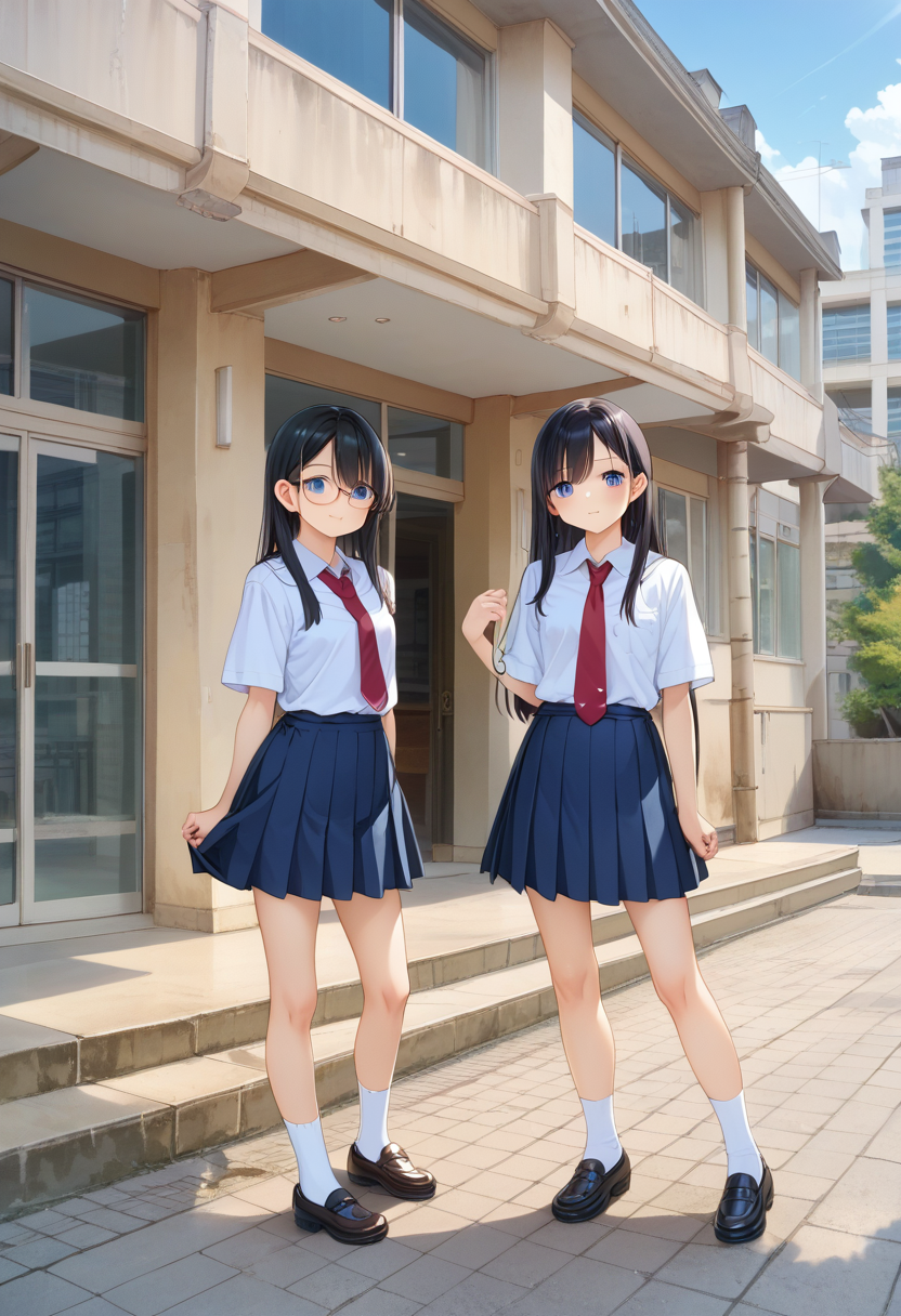 score_9, score_8_up, score_7_up, rating_safe, masterpiece, best quality, absurdres, unity 8k wallpaper, official art, official style, source_anime, uncensored, game cg, megami magazine,
multiple girls, glasses, black hair, long hair, blue eyes, collared shirt, red necktie, pleated skirt, blue skirt, socks, shoes, 
genkan, syoukouguchi, scenery, building, window, school, tree, japan, door, cityscape, city, sky, outdoors
 <lora:gakkou_syokoguchi_PONY_V1:1>