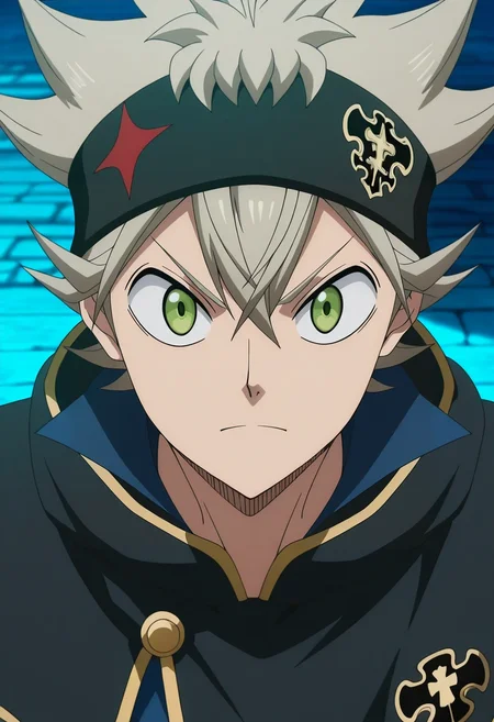 masterpiece, best quality, , anime screencap, anime coloring, official style, looking at viewer, 1boy, solo, male focus, <lora:asta_black_clover_ilxl:1>, asta_black_clover, grey hair, green eyes, short hair, spiked hair, black headband, black capelet, , , , newsboy cap