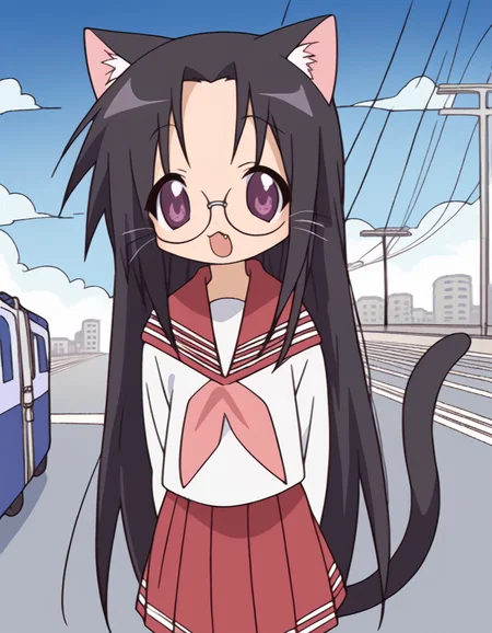 score_9, score_8_up, score_7_up, source_anime, <lora:hiyori-tamura-s1-ponyxl-lora-nochekaiser:1>, hiyori tamura, long hair, black hair, very long hair, purple eyes, glasses,, skirt, long sleeves, school uniform, pleated skirt, serafuku, sailor collar, neckerchief, red skirt, ryouou school uniform,, train station, waiting for train, suitcase, traveling, commute, city skyline, hands behind back,, , <lora:paw-pose-ponyxl-lora-nochekaiser:1>, paw pose, cat ears, cat tail, animal ears, tail, cat girl, open mouth, fang, whiskers,, looking at viewer, solo,, dutch angle, cowboy shot