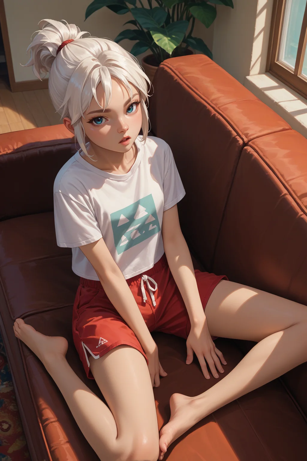 score_9, score_8_up, score_7_up, score_6_up, source_anime, 1girl, solo <lora:valorantjett-pdxl-nvwls-v1-000005:1> valJett, white hair, short ponytail, white t-shirt, red shorts, sitting, couch, barefoot, looking at you, chestnut mouth, from above, indoors