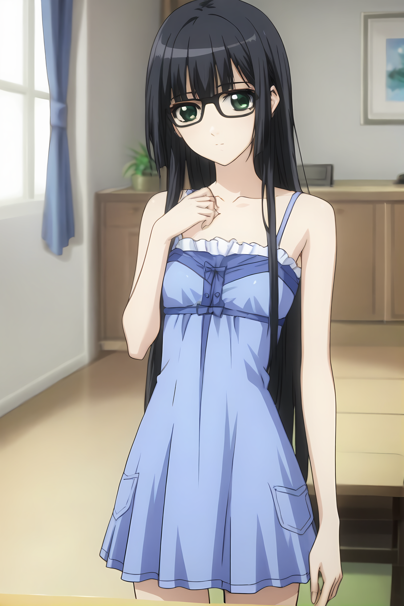 (blue dress:1.50), cpc-aoi, black hair, blunt bangs, long hair, green eyes, black glasses,
1girl, solo, skinny, (source_anime, score_9, score_8_up, score_8, score_7_up), score_7, score_6_up, score_6, score_5_up, score_5, 
(horny:1.30),
(living room:1.00),
(straight-on:1.40), (:1.40),
small breasts,
<lora:cpc-aoi-V01:1.00>