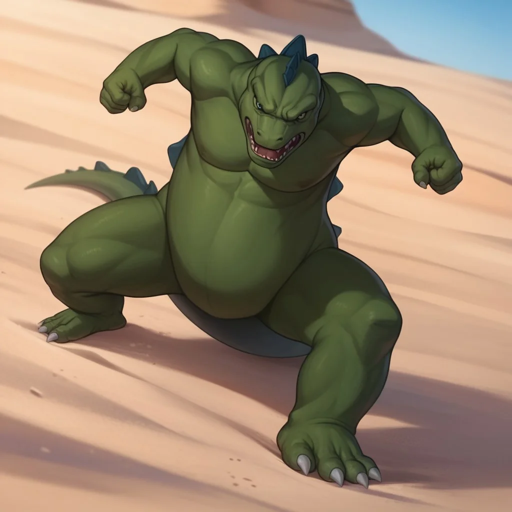 score_9, score_8_up, score_7_up, score_6_up, score_5_up, score_4_up, source_furry, godzilla78, feral, male, godzilla, green skin, fighting stance, desert, sand, angry