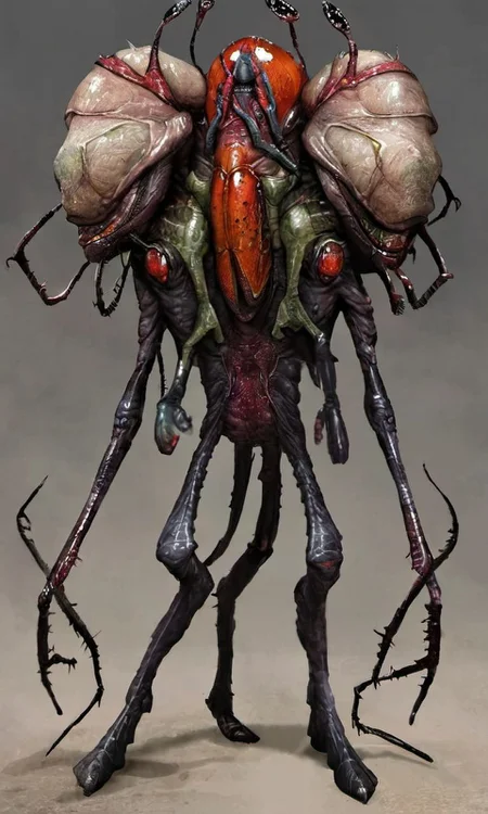 bug man, multi head, monsterdesign <lora:Monsterdesign_v1:1>