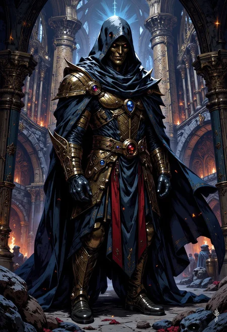 A highly detailed and vibrant digital painting in the style of ck-ib, DGC style, featuring Tall and lean, this elaborately robed and hooded figure, beneath the cowl is faceless and smooth reflective visor, reflecting a hard, cold world. The overall style is reminiscent of a fantasy or medieval theme, with a focus on cold confidence and existential dread. Dark fantasy, castle interior with detailed textures and dramatic, high-contrast lighting.