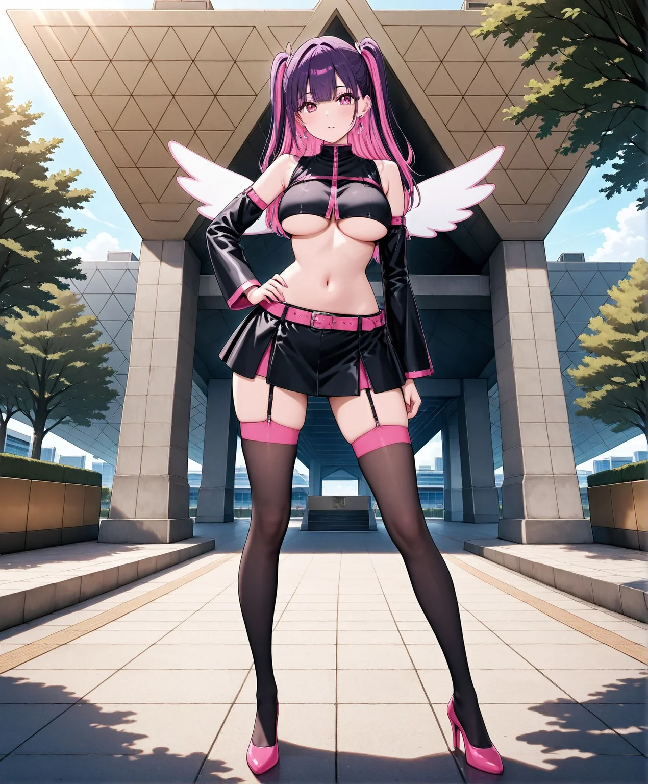 masterpiece,best quality,amazing quality,very aesthetic,absurdres,newest, huge filesize,
<lora:spo_sdxl_10ep_4k-data_lora_webui:0.5>,
1girl, standing, outdoors, hand on own hip,
tokyo big sight, sunlight in background, tree,cosplay show, comiket 102,
<lora:mikarinil:0.9>
pink high heels, two side up,
mikarin, long hair, breasts, bangs, jewelry, medium breasts, (pink hair and purple hair female, multicolored hair female:1.4), earrings,
detached sleeves, wings, sleeveless, midriff, belt, black thighhighs, miniskirt, black skirt , pink eyes ,black footwear,crop top ,black shirt sleeveless shirt ,underboob, garter straps , pink belt, skirt, shirt, thighhighs, navel, bare shoulders,