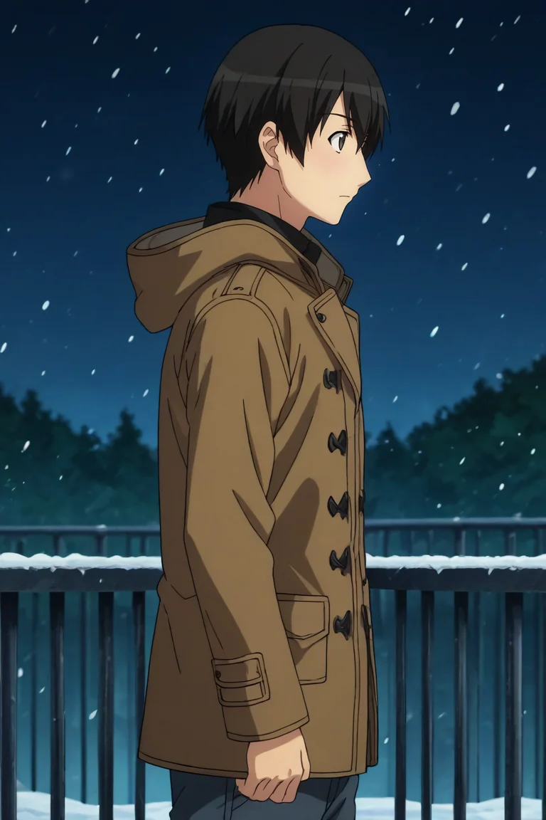 score_9, score_8_up, score_7_up,score_6_up,score_5_up,score_4_up,source_anime,BREAK, rating_safe, intricate details, , anime screencap, anime coloring, official style, depth of field,1boy, solo, male focus,<lora:junichi:0.93>,junichi tachibana,black hair,black eyes,bangs,short hair,hair between eyes,outdoors, sky, hood, coat,pants,looking to the side,sky, railing, lamppost, duffel coat, toggles,snow, snowing,view from side,night , , , <lora:sdxl_lightning_8step_lora_315544:1>