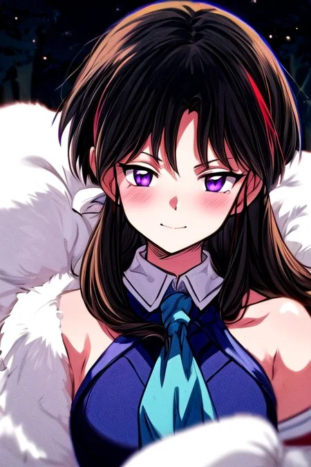 masterpiece, best quality 1girl Setsun4 solo long hair, (night time) forest background black hair very long hair purple eyes multicolored hair armor (fur trim) (medium body),<lora:EMS-179-EMS:0.800000>,<lora:EMS-293862-EMS:0.800000> bow, hair_bow, hair_tubes, red_bow, brown_hair, long_hair, bangs, ascot, frilled_bow, yellow_ascot, blush, smile, hair_between_eyes, athletic, armor