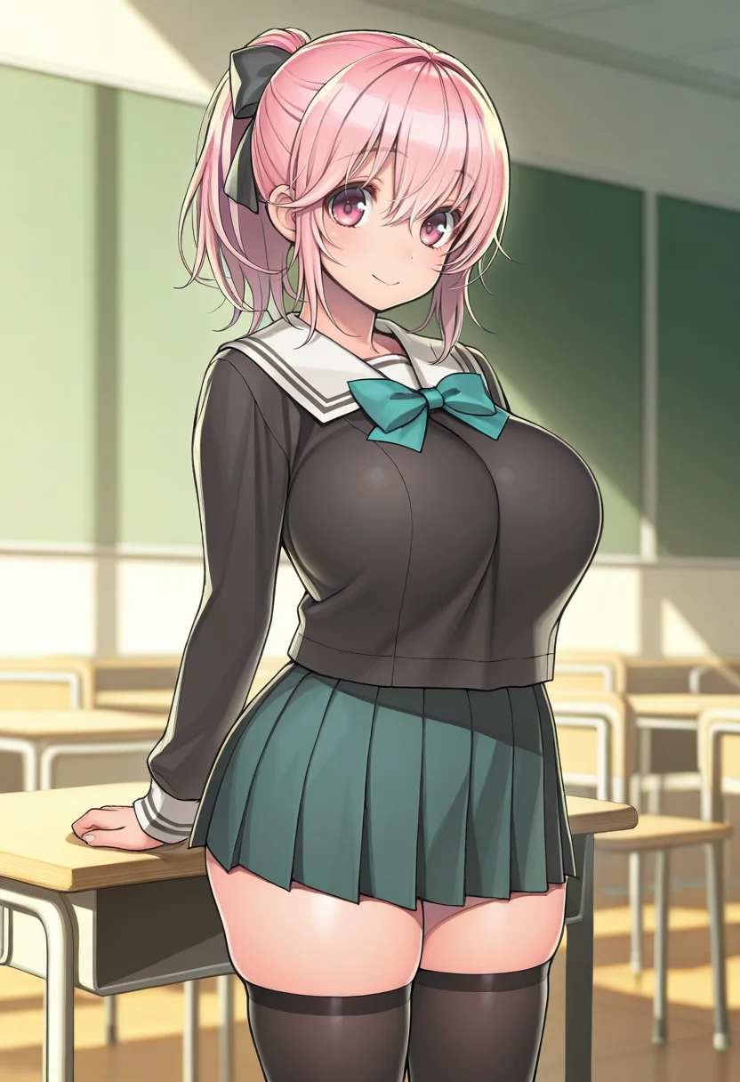 masterpiece, best quality  <lora:tsuji_santa:1> ts0j1s4nt4, 1girl, solo,standing,looking at viewer, happy, closed mouth,pink hair, ponytail, pink eyes, large breasts, school uniform, bow, long sleeves, skirt, skindentation, thighhighs, indoors, classroom,