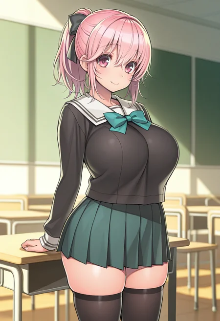 masterpiece, best quality <lora:tsuji_santa:1> ts0j1s4nt4, 1girl, solo,standing,looking at viewer, happy, closed mouth,pink hair, ponytail, pink eyes, large breasts, school uniform, bow, long sleeves, skirt, skindentation, thighhighs, indoors, classroom,