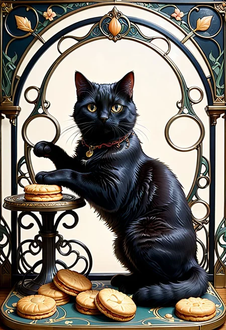 art nouveau, fluffy cute domestic shorthair black cat kneading biscuits, ultra detailed, 8k, uhd