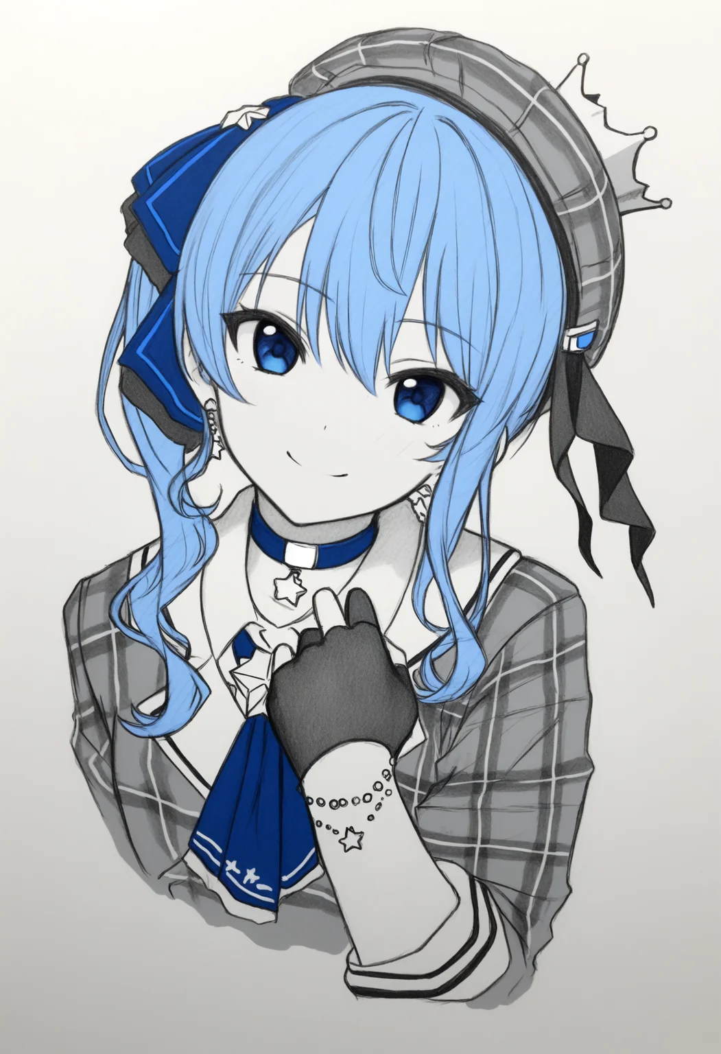 masterpiece, best quality, 1girl, solo, Su1se1Base, blue eyes, blue hair, side ponytail, plaid beret, crown, blue star choker, star earrings, blue ascot, plaid jacket, grey jacket, partially fingerless gloves, star bracelet, spot color, greyscale, monochrome, lineart, sketch, graphite \(medium\), traditional media, cropped torso, looking at viewer, smile, head tilt, three quarter view, <lora:ChamHoshimachiSuiseiNoob:1>