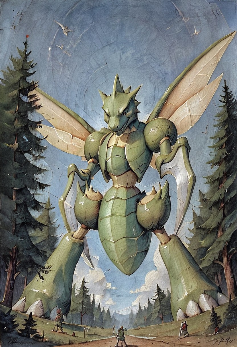 score_9, score_8, score_7, forest, night, black_sky, low-angle_view, (Scyther, (giantess), male, slim), gothic art, oil painting, traditional media, realistic, best_quality