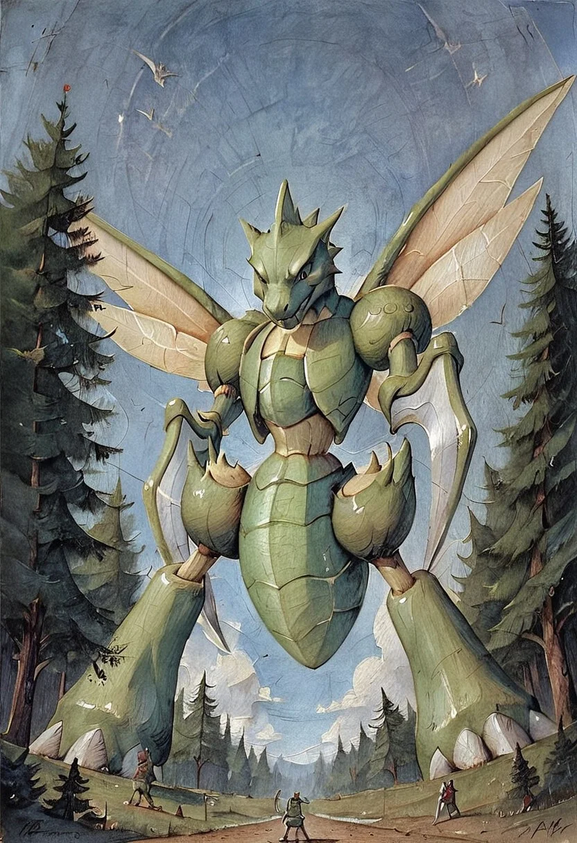 score_9, score_8, score_7, forest, night, black_sky, low-angle_view, (Scyther, (giantess), male, slim), gothic art, oil painting, traditional media, realistic, best_quality
