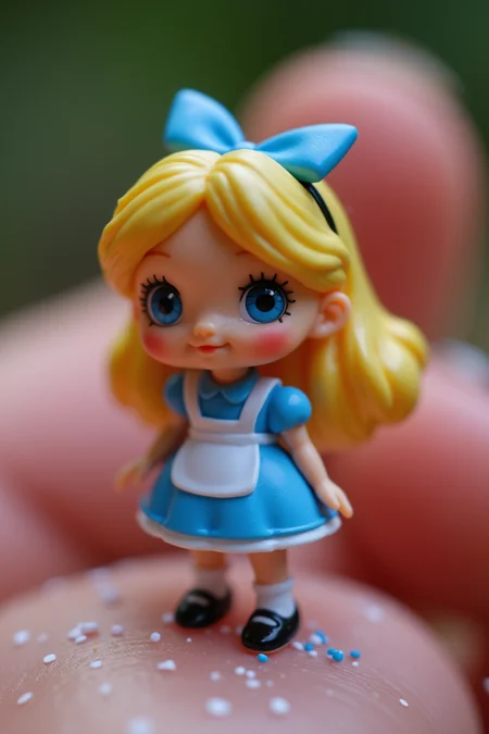 macro photography of a miniature cute AliceWaifu at your fingertips, dress, hair bow, magic particles, captured in high detail