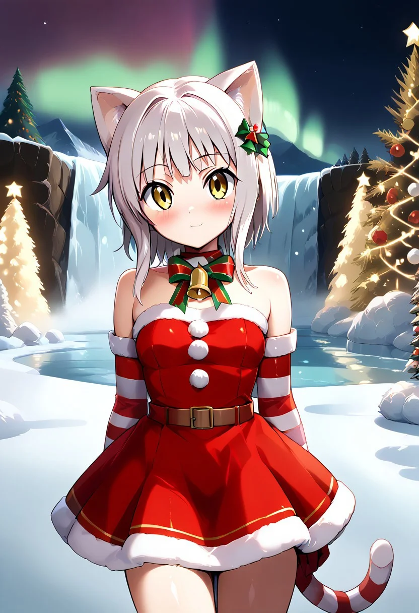 ctiank0nek0, cat ears, cat tail, christmas, dress, bare shoulders, bell, striped, red dress, neck bell, belt,medium shot, centerfold, looking at viewer, cute Scaislwanglamb, sky, outdoors, aurora, Snow, starry sky, Water, Cloud, Night, Waterfall, background, ,Tr33,scenery,tree,outdoors,christmas tree,snow,christmas
