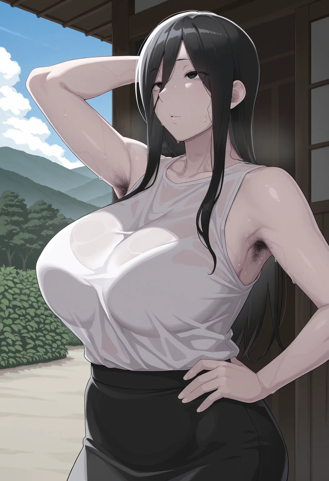 1girl,solo,Yuurei,mature female,black hair,long hair,black eyes,
sleeveless, shirt,pencil skirt, outdoors,sweat,hot,summer,arm up,hand on own hip, armpit hair, outdoors
,masterpiece,best quality,amazing quality,<lora:Fuyuzora_Izumo-Yuurei_ix_r1:0.8>