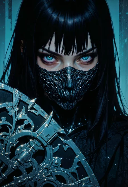 a close-up of a character with a futuristic, cyberpunk aesthetic. The subject has long, straight black hair with blunt bangs, and their eyes are strikingly detailed, with a piercing gaze. The skin tone appears pale, and the character wears a metallic, intricately designed mask covering the lower half of the face. They hold a fan and a sword, both reflecting a sleek, metallic finish. The overall color scheme is dark with hints of blue and silver, enhancing the mysterious and intense atmosphere. The lighting is dramatic, highlighting the character's eyes and the metallic elements, creating a sense of depth and intrigue.