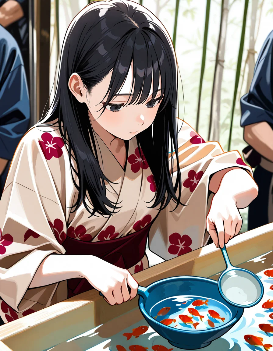 score_7_up, anime BREAK official art, solo, 1girl,
Black hair, (chest length hair:1.2), Straight Hair, bangs, one tucked behind ear, black eyes, feature large highlight, feature double highlights, shaped eyeblow,
<lora:natsumatsuri:0.8>, natsumatsuri,
1girl, solo focus, looking down, holding, bowl, floral print, shirt, game stall, yukata, water, goldfish scooping, paper scoper, poi, rolled up sleeves, holding cup
photo background,
(masterpiece:1.3), best quality, high resolution, unity 8k wallpaper, extremely detailed CG, 8K, (watercolor \(medium\), muted color, sketch:1.1), perfect anatomy, highly finished, masterpiece, best quality, high quality, amazing quality, great quality, very aesthetic, ultra detailed, highres, absurdres, highly detailed, highly detailed background,