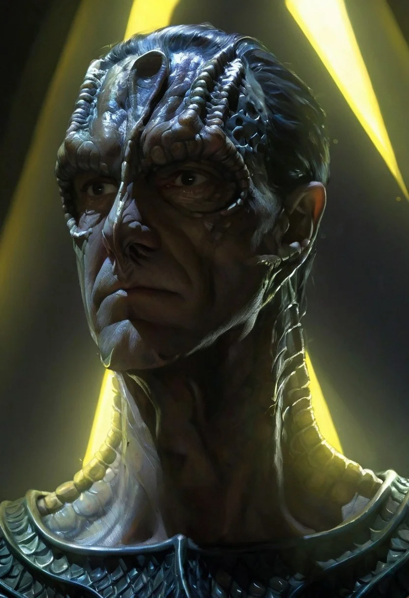 (a male c4rd45514n alien, forehead crest, grey skin, ridges, scales), militaristic, dynamic, moody, shadows, highly detailed, heavy armor, digital painting, artstation, concept art, smooth, sharp focus, illustration, art by Carne Griffiths and Wadim Kashin, good shadows, dim lit, devoid of color, low light, back light, hidden, obscured, black hair, prismatic, monolith, obsidian, bright yellow god rays, sun circle