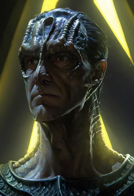 (a male c4rd45514n alien, forehead crest, grey skin, ridges, scales), militaristic, dynamic, moody, shadows, highly detailed, heavy armor, digital painting, artstation, concept art, smooth, sharp focus, illustration, art by Carne Griffiths and Wadim Kashin, good shadows, dim lit, devoid of color, low light, back light, hidden, obscured, black  hair, prismatic, monolith, obsidian, bright yellow god rays, sun circle
