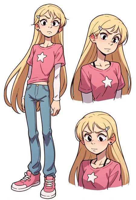 score_9, score_8_up, score_7_up, score_6_up, score_5_up, score_4_up, conceptart,multiple views,white background,simple background,<lora:concept:1>,
1girl, solo,K3lly, blonde hair, very long hair, white hairclip, black eyes,, salmon-pink t-shirt with a white star in the middle. Underneath that, a white long-sleeved shirt, light blue jeans, pink and white high tops shoes,,
<lora:princess_xl_v1:0.7>, <lora:Expressive_H:0.6>, <lora:incase-ilff-v3-4:0.5>, <lora:MysticalPlantPenetratorPDXL:0.5>, <lora:Kellyv1:1>