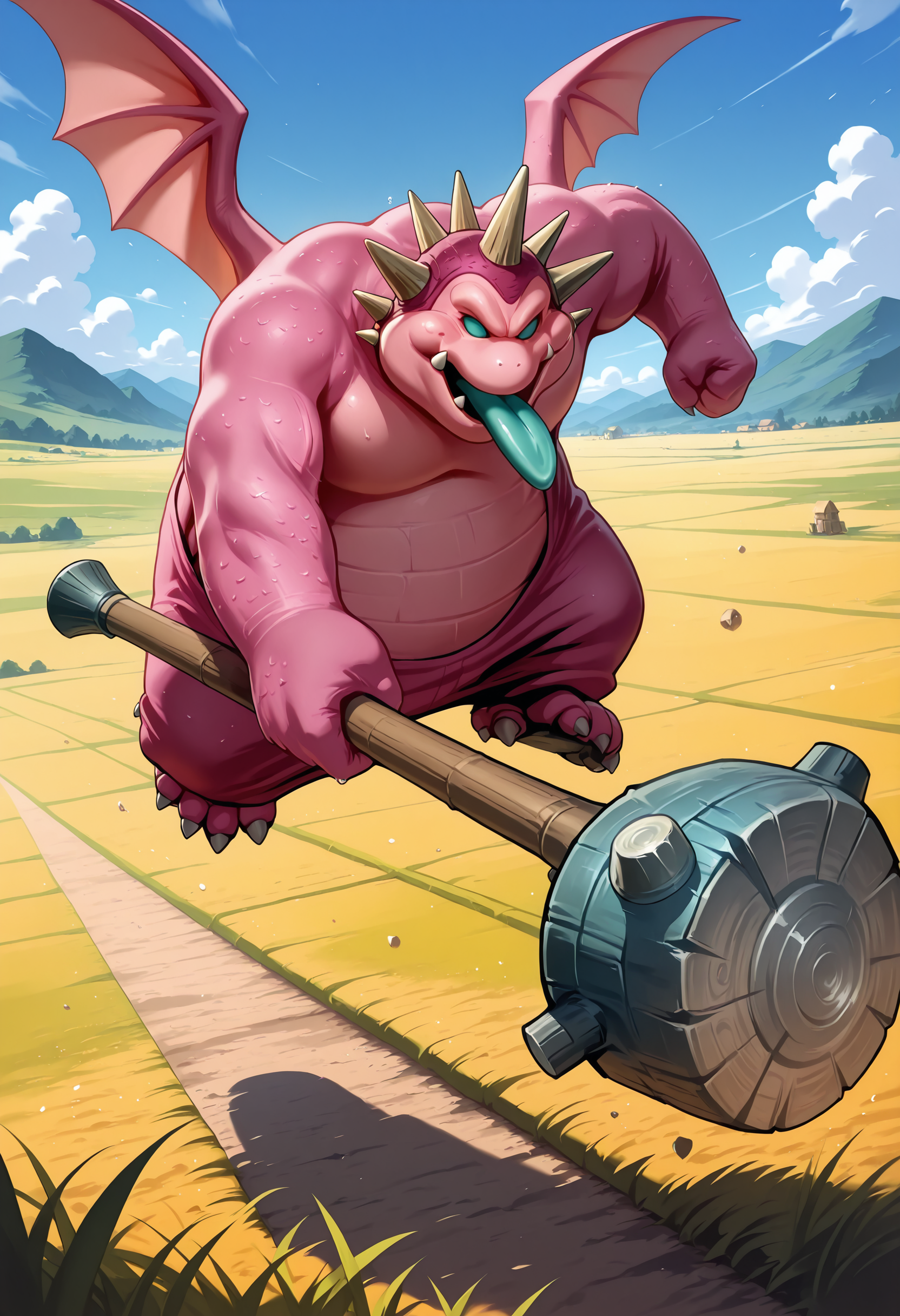 masterpiece,best quality,super detailed,extreme detailed,full_body,day,field,no humans BREAK nightclubber_(dq),holding hammer,horns,tongue out,wings,pink_skin,<lora:nightclubber_(dq)-IL:1>,jumping,