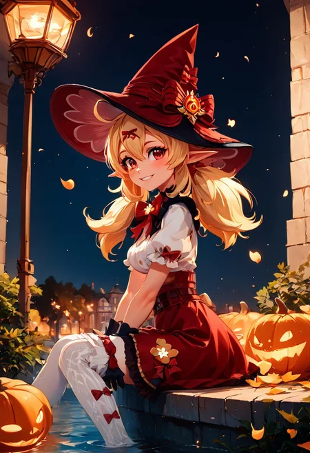 score_9, score_8_up, score_8, medium breasts, (curvy), cute, eyelashes,
,,,
zzKlee, hair between eyes, red eyes, ahoge, blonde hair, long hair, low twintails, pointy ears, twintails, witch hat, bow, gloves, short sleeves, black gloves, alternate costume, sidelocks, hat bow,
,,,
BREAK, zzEiffelTower in background, sitting, watercraft, boat, sitting on wall, side view, looking at viewer, smile,
,,,
BREAK,
night, glowing, pumpkins, blooming stars, luminescent petals, otherworldly fragrance blurry background,
,,,
zPDXL, Expressiveh,