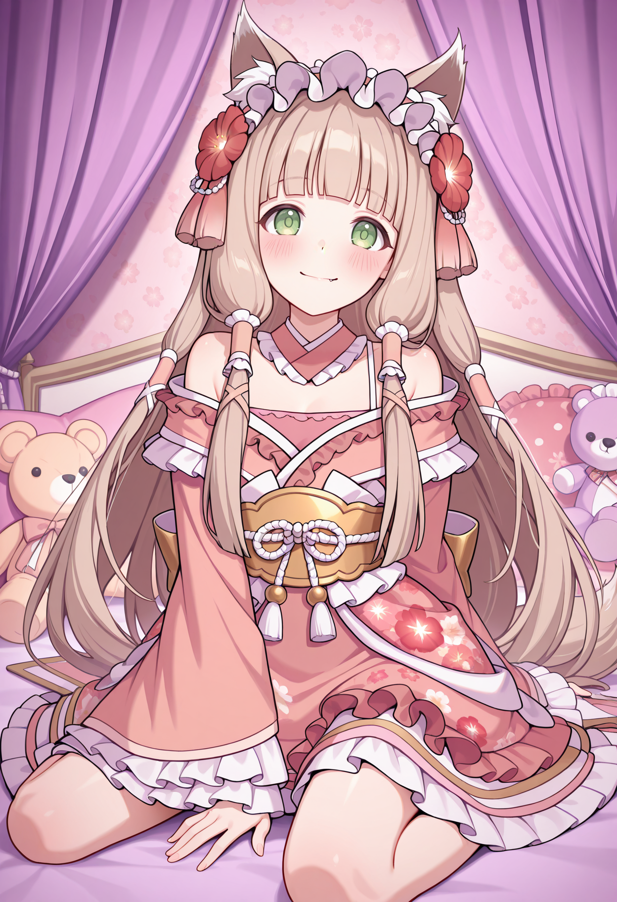highres, best quality, masterpiece, bedroom, plushie, toy, purple theme,
1girl, solo, pcrmaho, light brown hair, green eyes, animal ears, tail, fang, blunt bangs, tareme,
pmahod3s, very long hair, hair tubes, frilled hairband, hair flower, red flower, bare shoulders, detached collar, pink kimono, kimono dress, sash, gold obi, frilled kimono, floral print, off shoulder, wide sleeves, frilled sleeves, back bow,
looking at viewer, smile, blush,
sitting, wariza, arm support,
<lora:_maho_pcr-elesico-rev3:1>