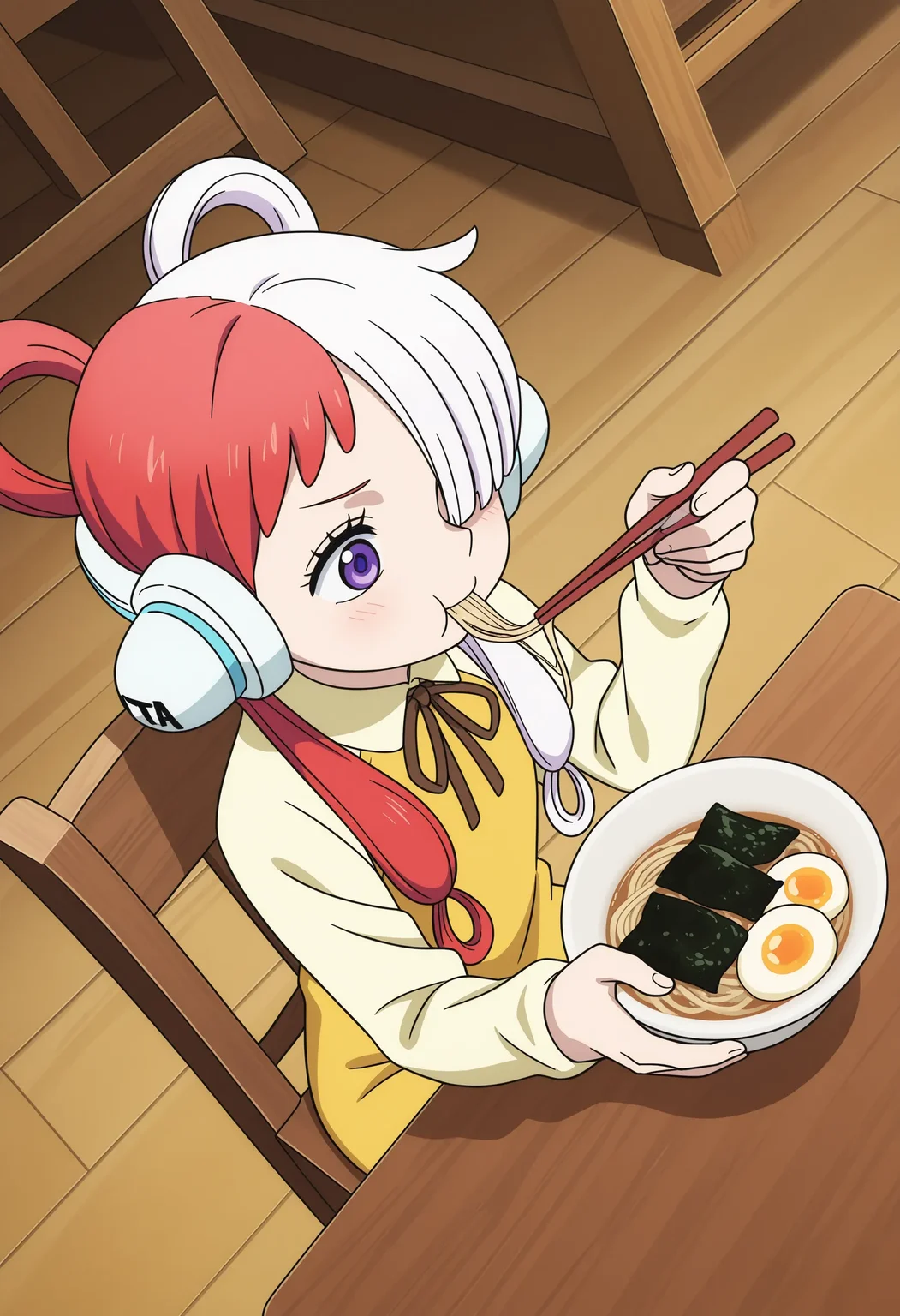1girl, uta_\(one_piece\), red hair, white hair, multicolored hair, hair rings, low twintails, hair over one eye, purple eyes, headphones, yellow dress,
wooden table, wooden chair, wooden floor, from above, eating, eating ramen, food, sitting, holding chopsticks, noodles, nori \(seaweed\), egg \(food\),
indoors, ryokan, dutch angle,
masterpiece, best quality, ultra-detailed, very aesthetic, illustration, perfect composition, intricate details, absurdres, official art, official style, source_anime, anime screencap, anime coloring, newest, intricate, hires textures, high detail, 4k, incredibly detailed, perfect anatomy, UHD, 8K,
<> <lora:OP-uta_XL(ill01)v10d:1>