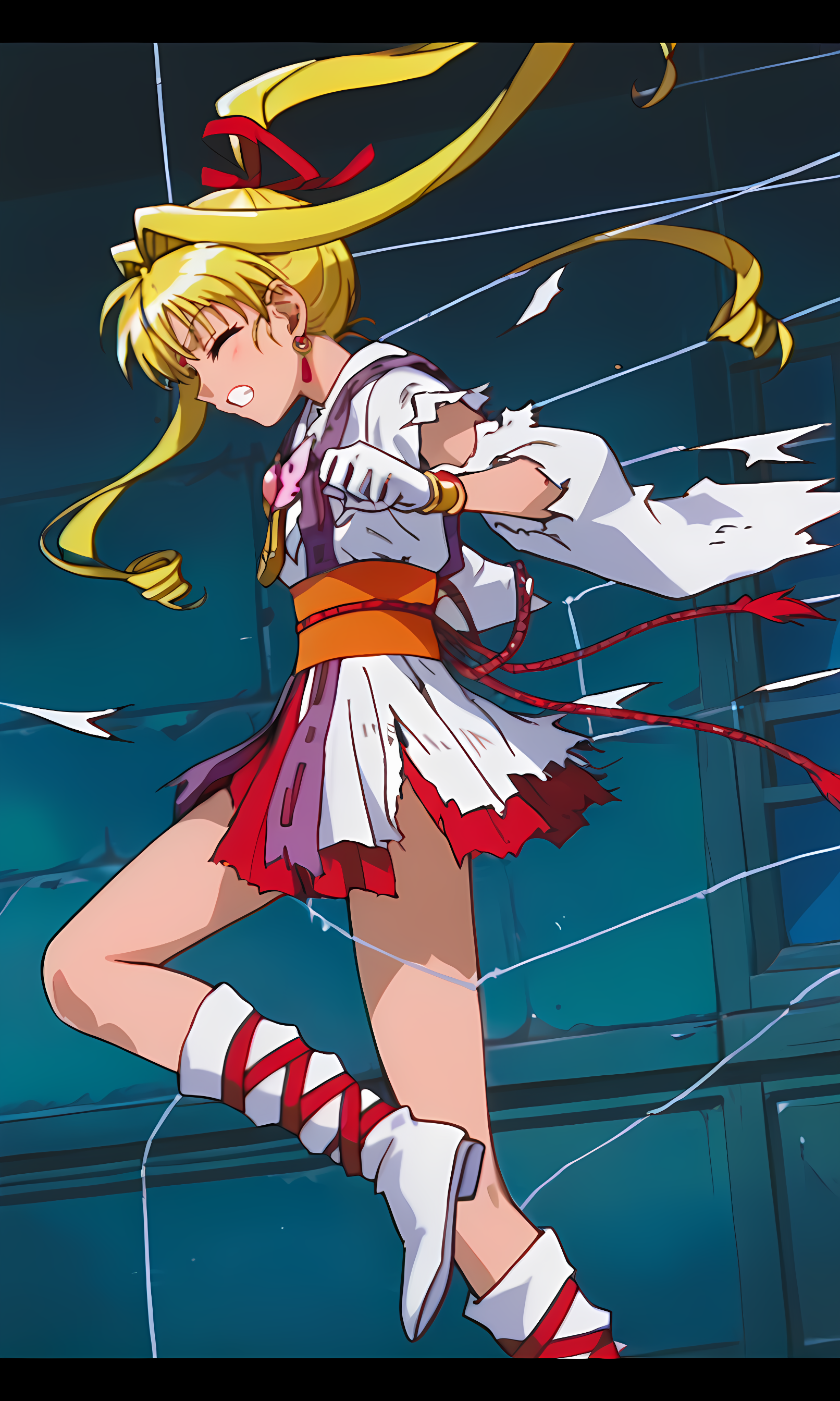 8k, best quality, solo, cute, score_9, score_8_up, score_7_up, 90s anime, Masterpiece, source_anime, from side, KKJ, (Artist A Style:1.3), forehead jewelry, purple eyes, blonde hair, hair intakes with drill long sidelocks, very long hair, one high drill ponytail at the back, red hair ribbon, earrings, torn white kimono, torn white layered kimono miniskirt with red under layer, 2 torn purple straps on torn layered kimono miniskirt, 2 torn purple straps, pink gem on chest, torn white wide sleeve on the right arm, torn white short sleeve on the left arm, left sleeve completely torn, gold bracelet, white gloves, orange obi, red obijime cord, bow-shaped knot on waist with tassels, torn white boots, red crisscross ribbons wrapping around boots, defense stance, dynamic pose, wall, windows,  wires, rags, closed eyes, clench teeth