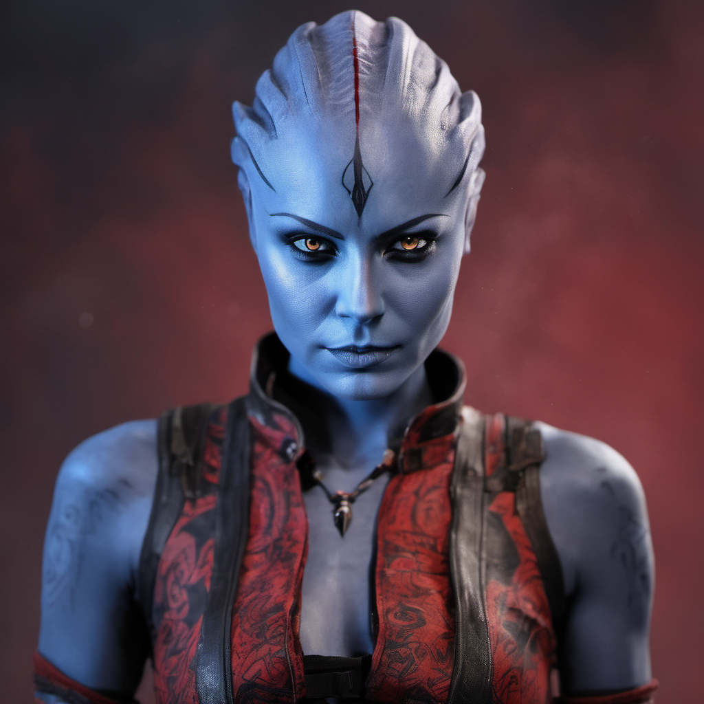 photo of a angry Asari a a tribal warrior, rugged, dirty clothes, red tattoo, dungle background,  realistic <lora:asari-sdxl-test:0.8>
