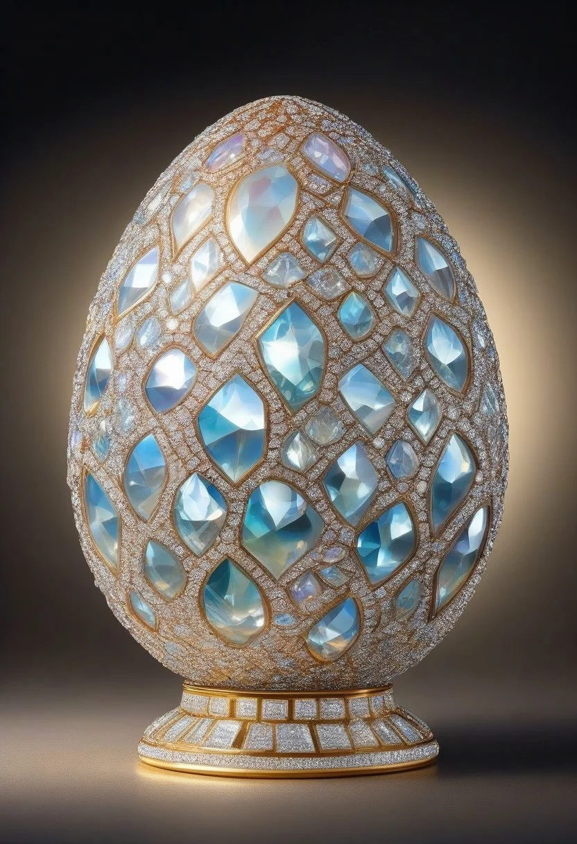 cracked faberge egg made of diamonds, with jagged diamond shell fragments scattered around. Liquid diamond yolk spills out, forming a reflective pool on a surface. Light dances off the multifaceted shell pieces, creating a mesmerizing play of colors. <lora:Diamond_World_Morph:0.5> diamondMW, countless diamonds