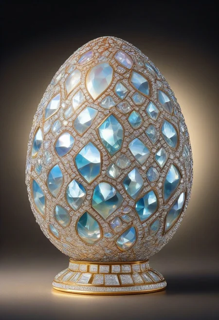 cracked faberge egg made of diamonds, with jagged diamond shell fragments scattered around. Liquid diamond yolk spills out, forming a reflective pool on a surface. Light dances off the multifaceted shell pieces, creating a mesmerizing play of colors. <lora:Diamond_World_Morph:0.5> diamondMW, countless diamonds