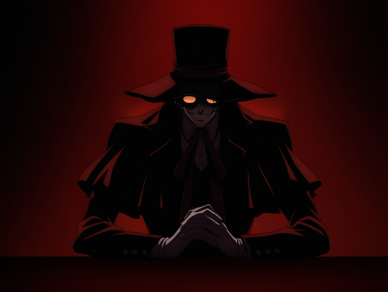 1boy, solo, upper body, pov across table, 
alucard \(hellsing\), 
 style-ufotable, high contrast, chiaroscuro, 
  orange round sunglasses,  , leaning back,opaque glasses, 
hands on table,  evil smile, own hands together, white gloves,red coat,red hat,
 ,masterpiece, best quality, newest, absurdres, highres,
 <lora:style_ufotable_v1:1>