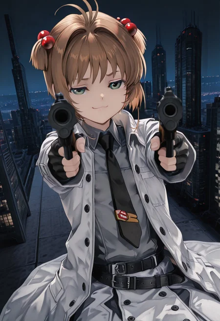 solo, 1girl, kinomoto sakura,
brown_hair,
short hair,
antenna hair,
hair bobbles,
white trench coat,
black_gloves,
collared_shir,
gloves,
green_eyes,
fingerless_gloves,
black_necktie,
black necktie,
grey_shirt,
jacket,
white_jacket,
long_sleeves,
black buttons,
collared_shirt,
black belt,
open clothes, flat chest, breasts visible, puffy nipples,
holding custom-made shotgun, aiming at viewer,
masterpiece,
Energetic Pose, cinematic angle, on top of skyscraper, night, city lights can be seen, firing gun, smug face