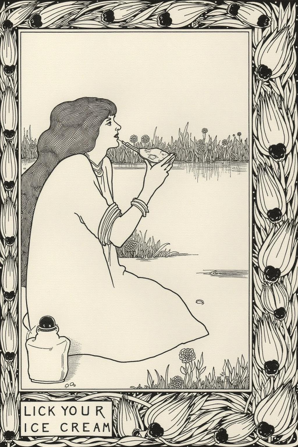 aubea1 illustration. A woman, sitting on the ground eating ice cream.  Caption text box at bottom left corner says "Lick your ice cream" <lora:aubea2_cap_d6a3:1.0><lora:823905732748486914:0>