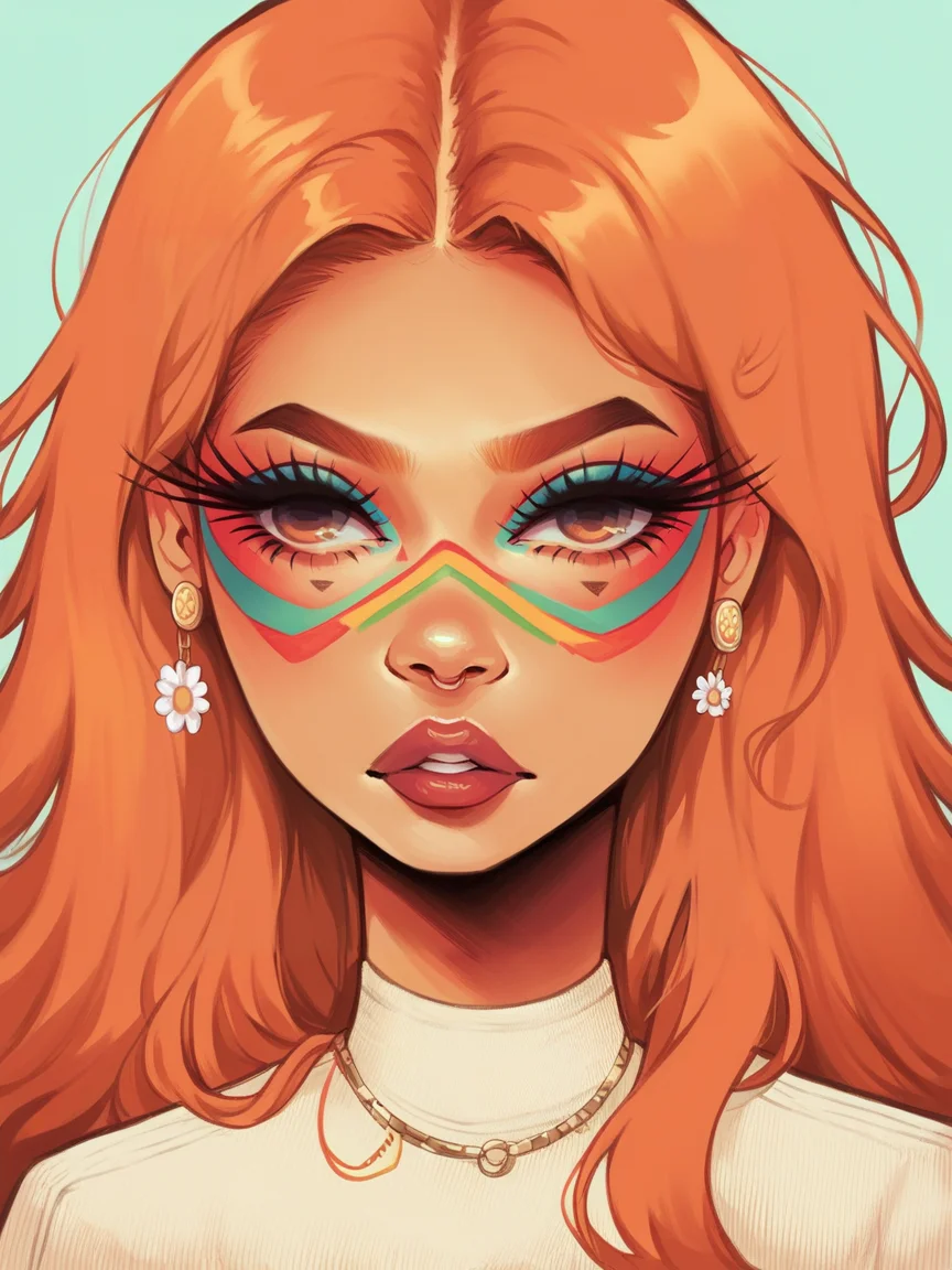 score_9, score_8_up, score_7_up, score_6_up, score_5_up, <lora:nikkileeismeXLP:1> nikkileeisme, 1girl, makeup, ginger hair, colourful, facepaint,
