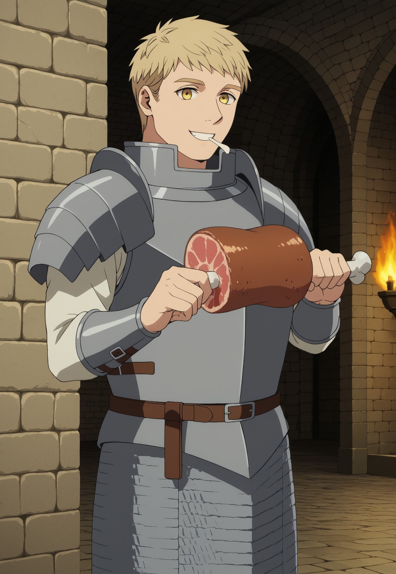 safe_pos, masterpiece, best quality, amazing quality, very aesthetic, absurdres, <lora:boned-meat-ponyxl-lora-nochekaiser:1>, boned meat, holding, food, eating, holding food, Dunmeshi_Laios, 1boy, solo, male focus, blonde hair, short hair, yellow eyes, armor, gorget, pauldrons, cuirass, white shirt, arm guards, brown belt, chainmail, cowboy shot, happy, dungeon, dark, full body, dynamic pose, perspective