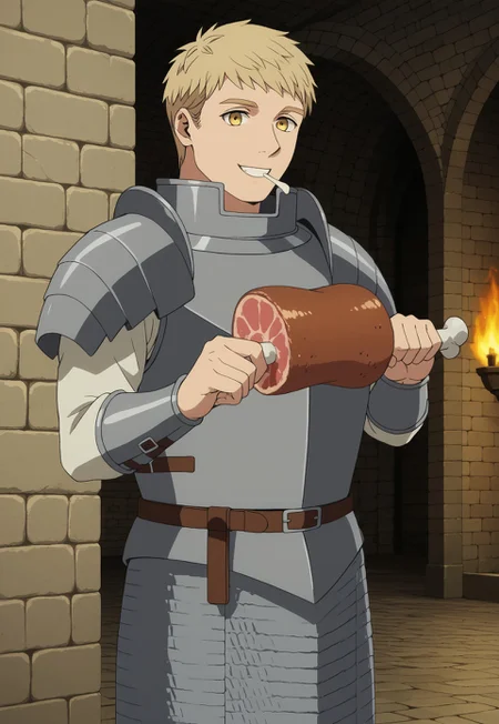 safe_pos, masterpiece, best quality, amazing quality, very aesthetic, absurdres, <lora:boned-meat-ponyxl-lora-nochekaiser:1>, boned meat, holding, food, eating, holding food, Dunmeshi_Laios, 1boy, solo, male focus, blonde hair, short hair, yellow eyes, armor, gorget, pauldrons, cuirass, white shirt, arm guards, brown belt, chainmail, cowboy shot, happy, dungeon, dark, full body, dynamic pose, perspective