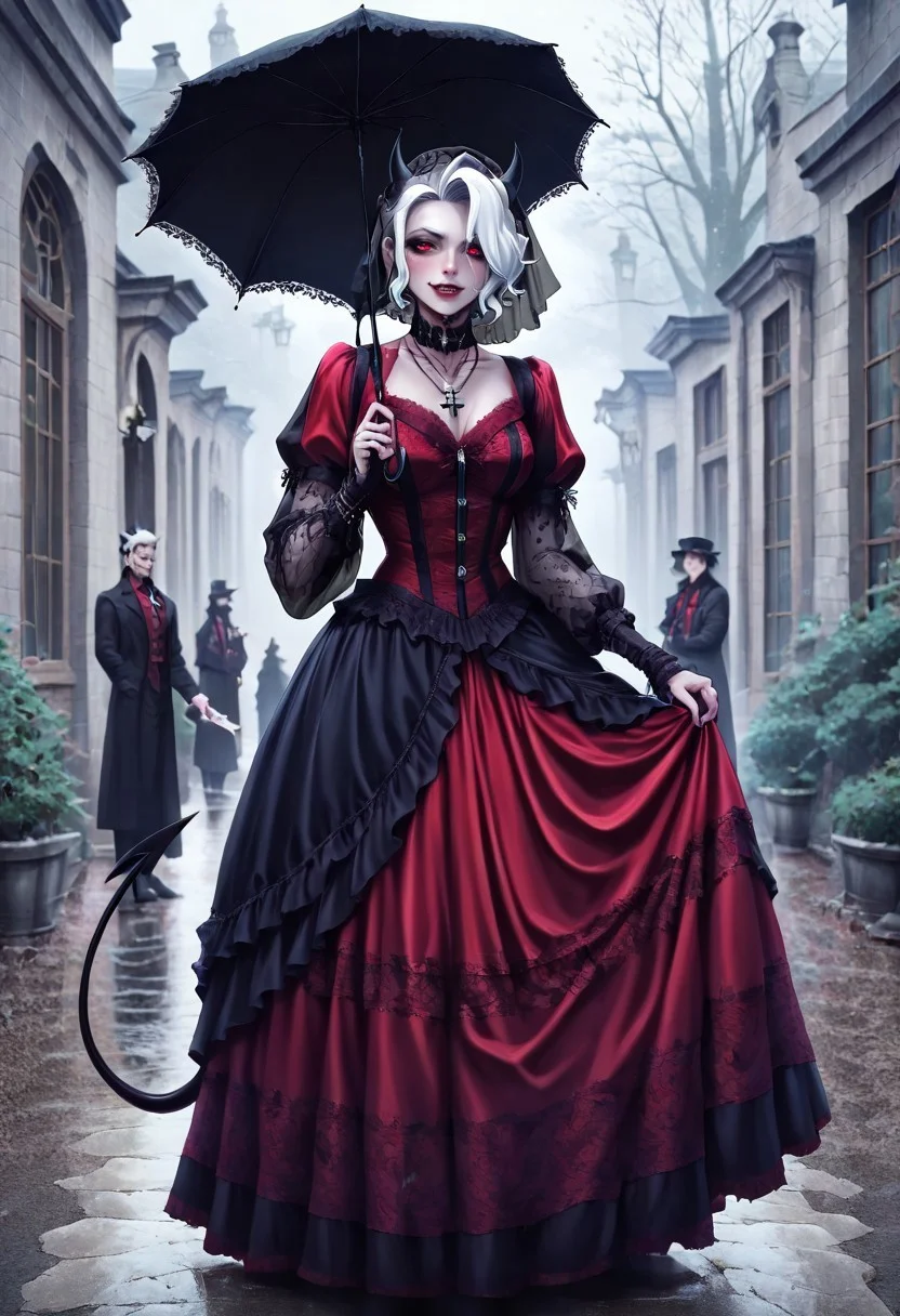 masterpiece, best quality, newest, absurdres, highres, FCMXV1.0, VGE-V1.0, goth fashion, victorian ,1girl, zdrada (helltaker), demon girl, short hair, white hair, horns, demon tail, cross, cross necklace, demon horns, necklace, red eyes, VGE-V1.0, goth fashion, victorian formal, umbrella, pufy sleeves, veil, puffy dress, dress, red dress, umbrella, holding umbrella,